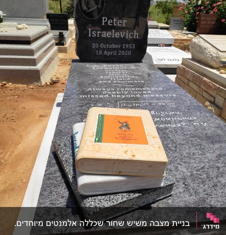 מצבה שחורה עם כיתוב ותמונה, ספרים מונחים עליה